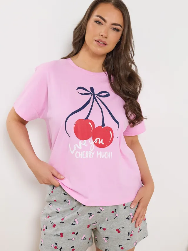 Yours Grijze Pyjamashorts Met Kersenprint-68 Pink