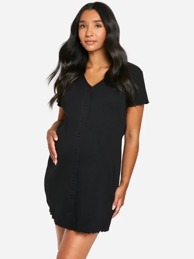 boohoo Dames Zwangerschaps Geribbeld Nachthemd met Knoopsluiting Zwart