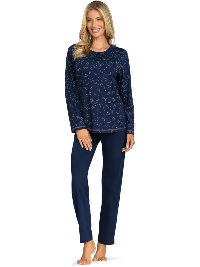 Comtessa Dames Pyjama - Donkerblauw met Subtiele Print - 100% Katoen