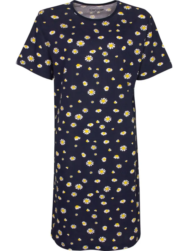 Temptation Dames Nachthemd - Bigshirt - Zonnebloemetjes - Donkerblauw Licht Blauw