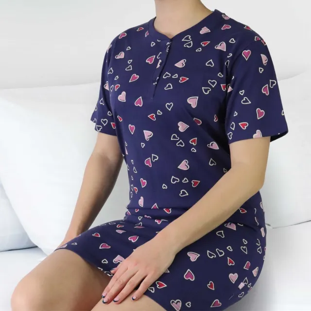 Irresistible Dames Nachthemd - Roze Hartjes - Katoen - Blauw