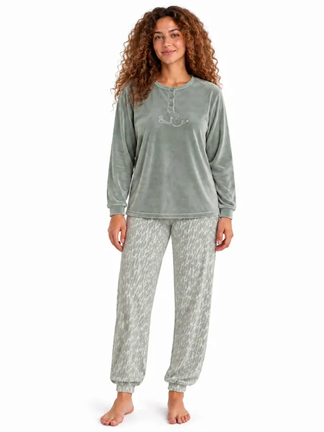 Cocodream Quality Cocodream - Dames Pyjama Velours - Winter - Green Print