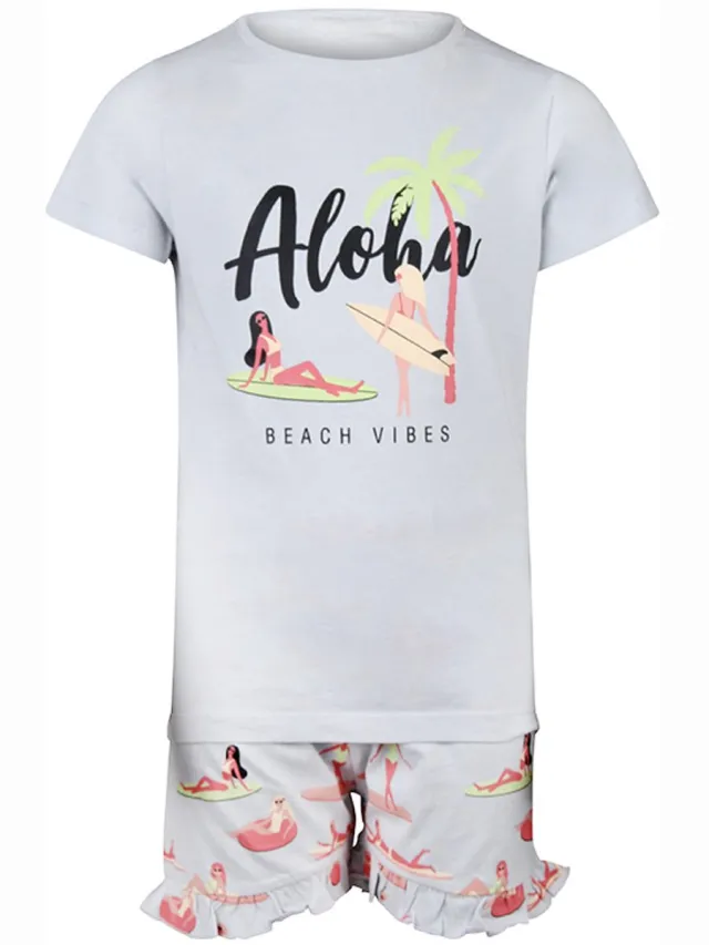 PEBBLE STONE Een Super leuke meisje Shortama met een zonnige print Aloha. In de kleur licht grijs met pastelkleuren. Maat 146/152. Van het bekende merk PEBBLE STONE