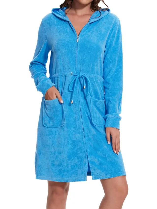 Luvetrex ® Stijlvolle en Comfortabele Damesbadjas met Capuchon en Rits voor Thuis en Spa blauw