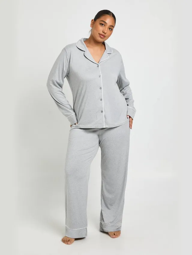 boohoo Dames Plus pijpdetail langarm overhemd & broek pyjamaset Grijze Mergel