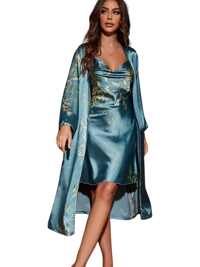 Livano Satijnen Badjas Dames - Kimono - Kamerjas - Satijn - Ochtendjas - Pyjama - Groen