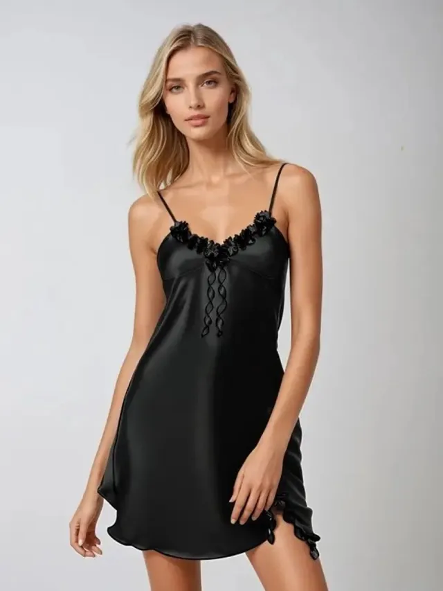 DKaren Hoogwardige satijn chemise zwart - Gabi