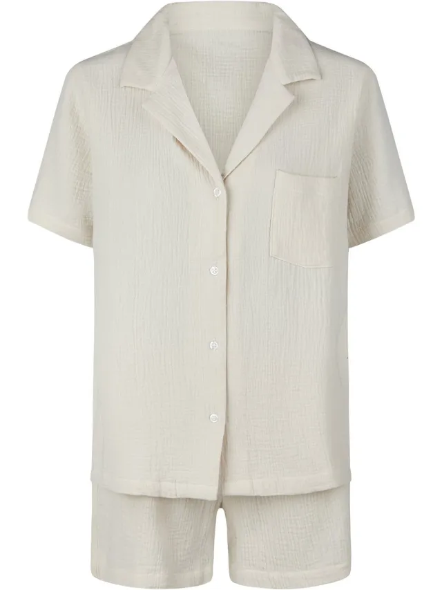 By Louise Dames Korte Pyjama Set Mousseline Shortama Beige