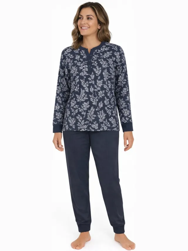 Lunatex Dames Pyjama - Winter - Interlock - all over print blauw all over print, blauw