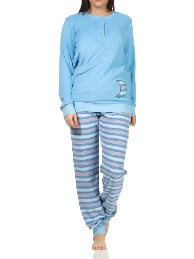 Normann Dames badstof pyjama met manchetten - broek gestreept - ook in overmaatse maten 212 13 236 hellblau