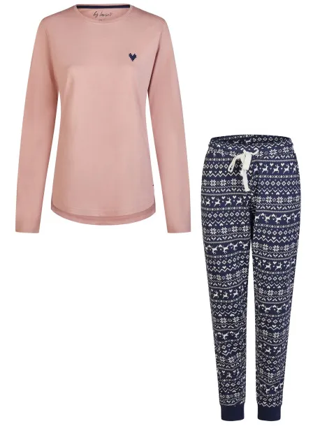 By Louise Dames pyjama set lang katoen roze/donkerblauw norwegian jacquard print Veelkleurig