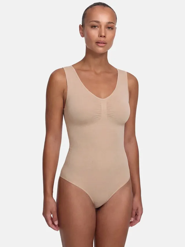cfab Tanktop bodysuit met corrigerende werking en koordjes - Beige - 3XL - Corrigerende Body - Naadlos - corrigerend ondergoed dames