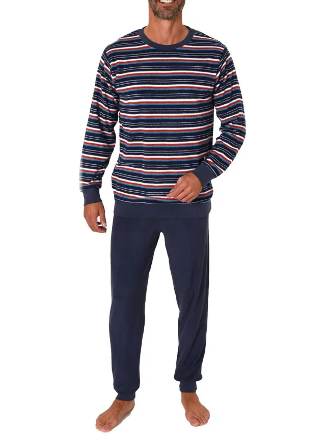 Normann Herenpyjama in badstof met lange mouwen en manchetten in streepjes-look - ook in overmaten rot1