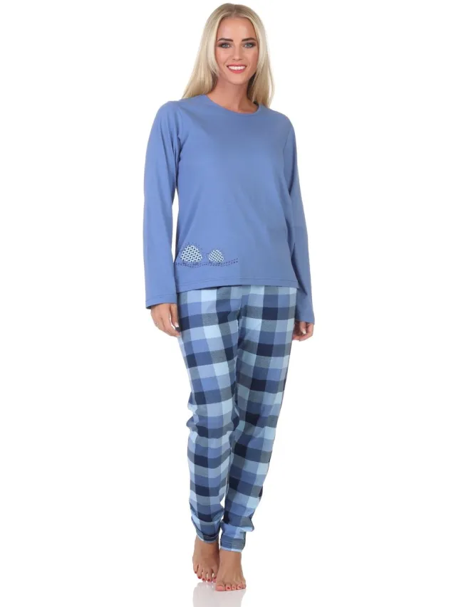 Normann jersey damespyjama met lange mouwen, geruite broek en dierenmotief dunkelblau