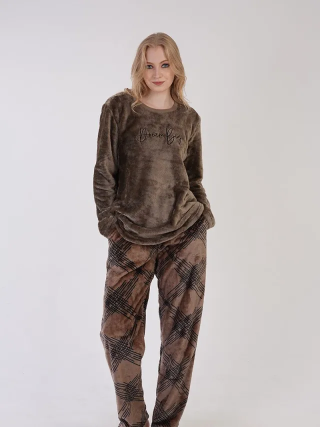 Vienetta Dames Zachte Pluche Pyjama Set, Lange Mouwen Bruin