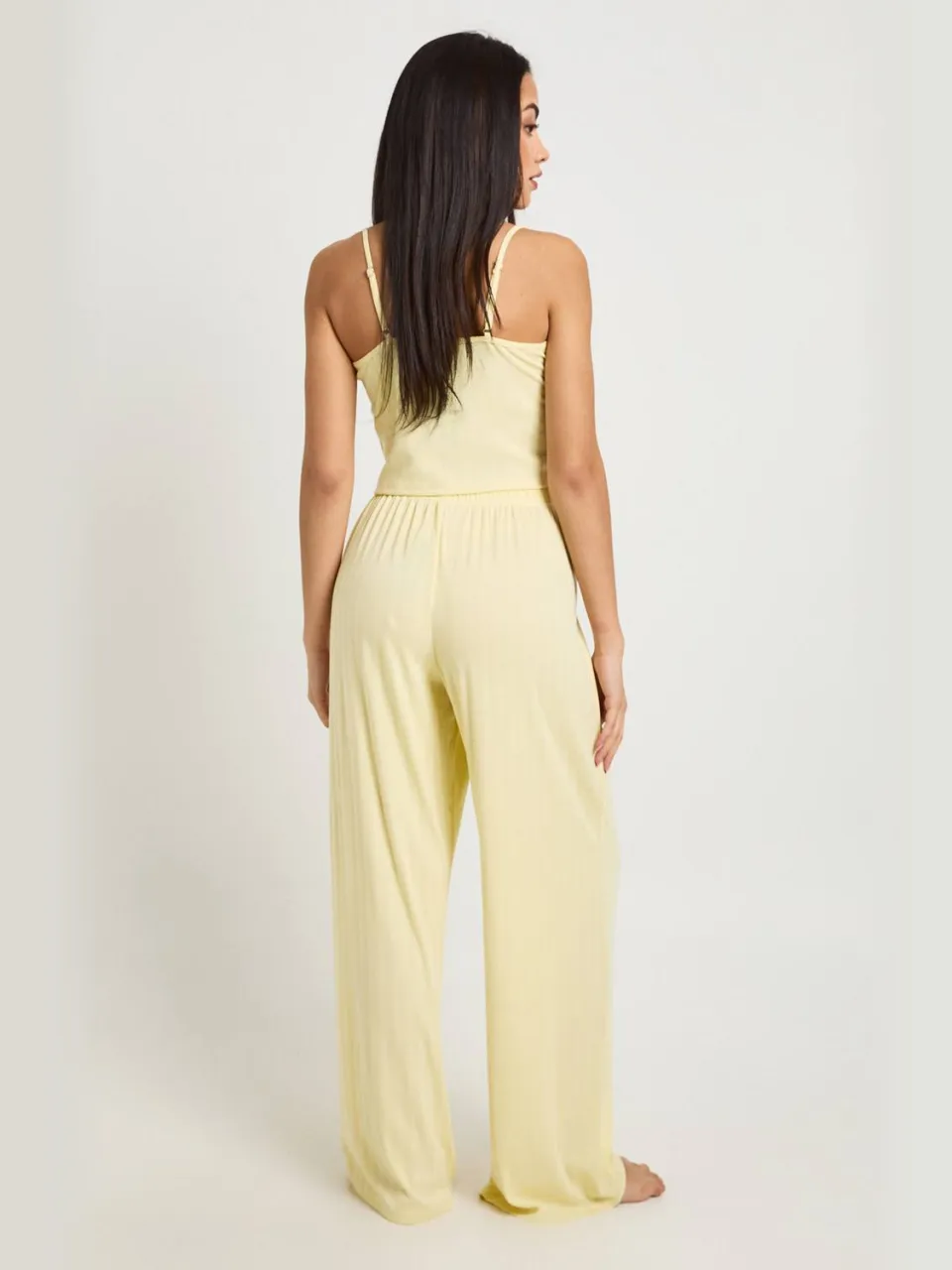 boohoo Dames Pointelle Hemdje En Wijde Pyjama Broek Set citroen, foto 2