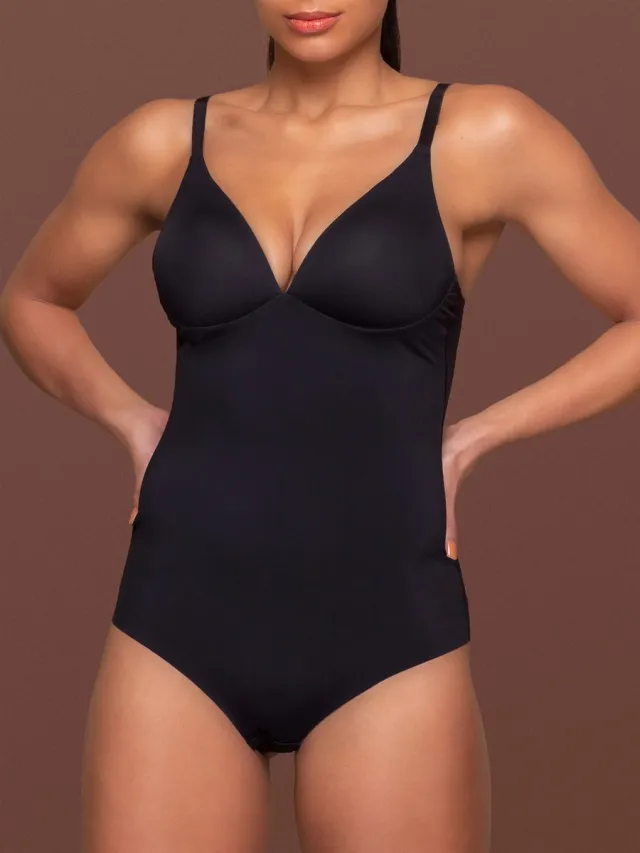 Bye Bra corrigerende bodysuit met draadloze cups, lasergesneden rand, corrigerende shapewear voor dames, verkrijgbaar in 2 kleuren, maten S–XXL, zwart