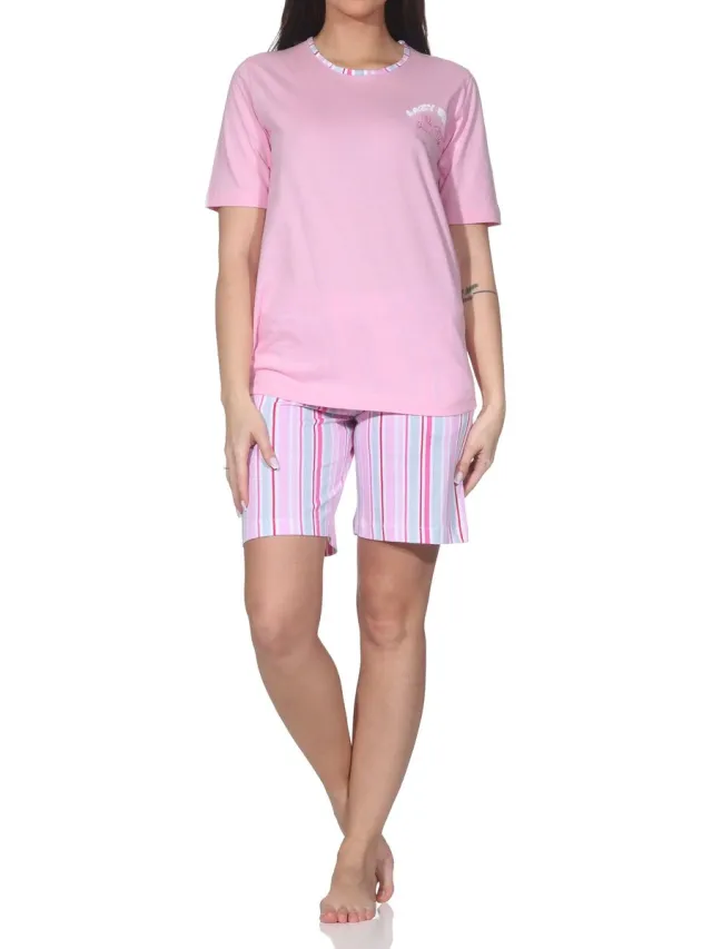 Normann dames shorty pyjama met korte mouwen in elegante strepenlook – ook in grote maten rosa