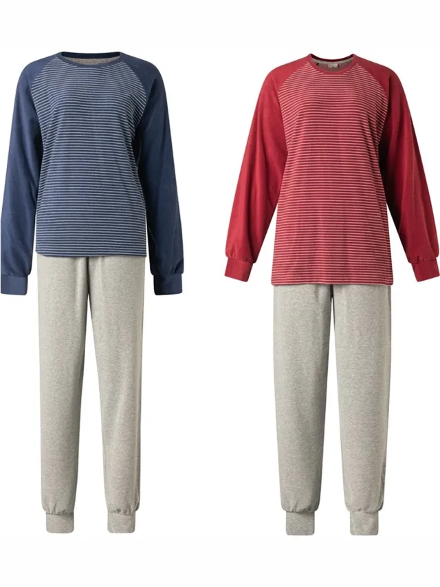 Lunatex 2 warme dames pyjama's badstof 124204 - donkerblauw en rood Navy en rood