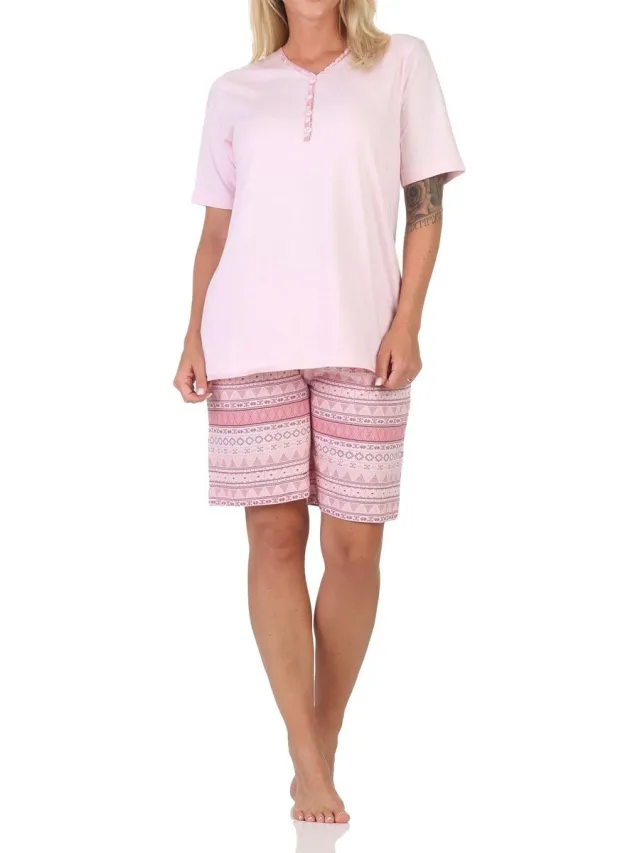 Normann dames pyjama shorty met korte mouwen in Ethnolook - Ook in oversizes rosa2