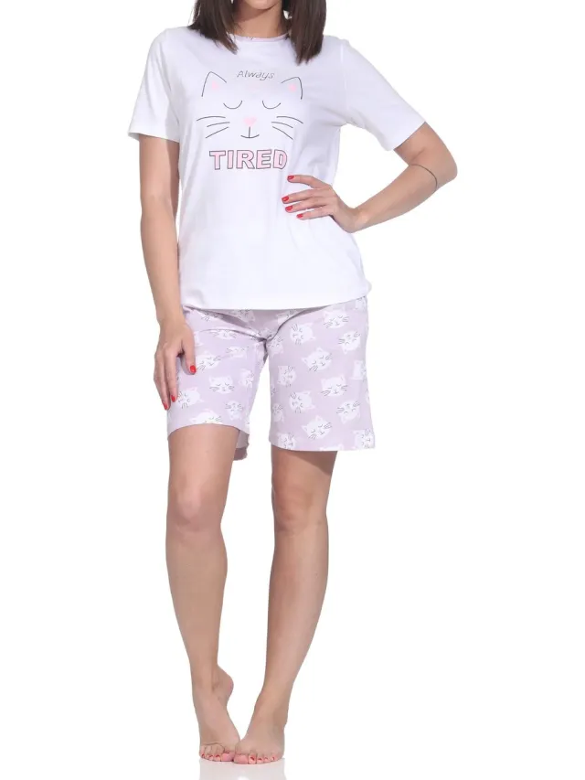 Normann dames pyjama shorty met korte mouwen pyjama met kattenmotief flieder