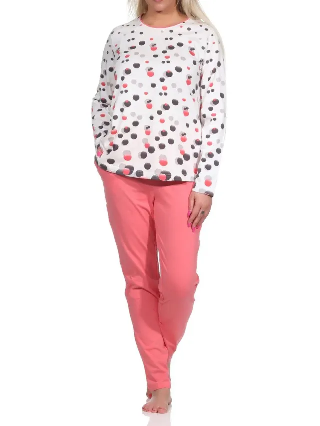 Normann Damespyjama met lange mouwen in polkadot-look - ook in overmaten apricot