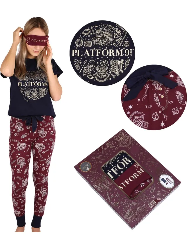 Harry Potter Pyjama voor Dames + Blinddoek in de kleuren marineblauw en bordeauxrood