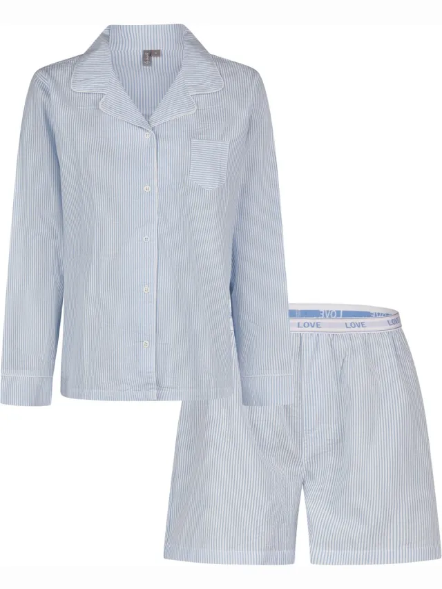 By Louise Dames Pyjama Set Shortama Blouse Lange Mouw Lichtblauw Gestreept Seersucker