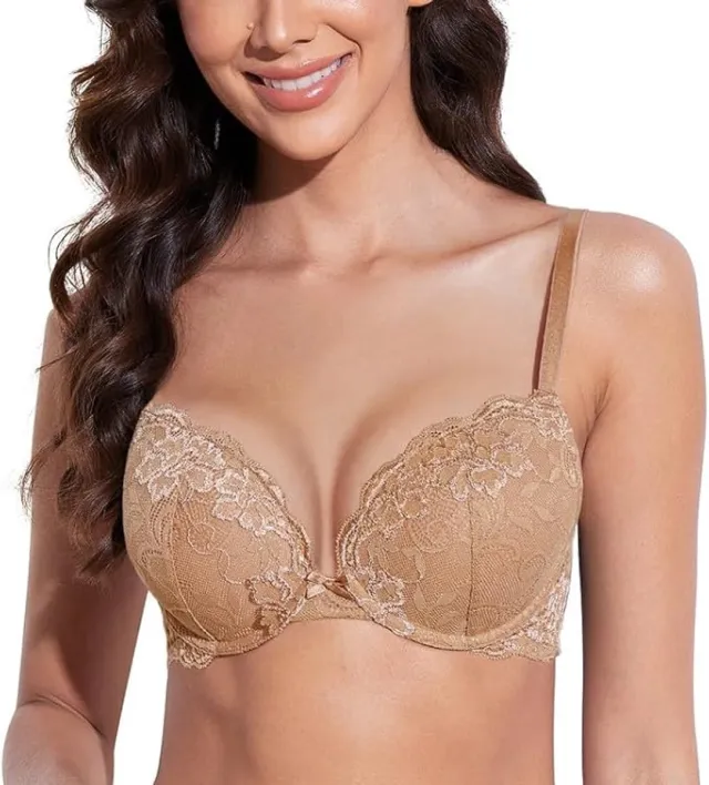 Deyllo Dames Push-up Beha – Beugel, Gevormde Cups en Bloemenkant – Camel –