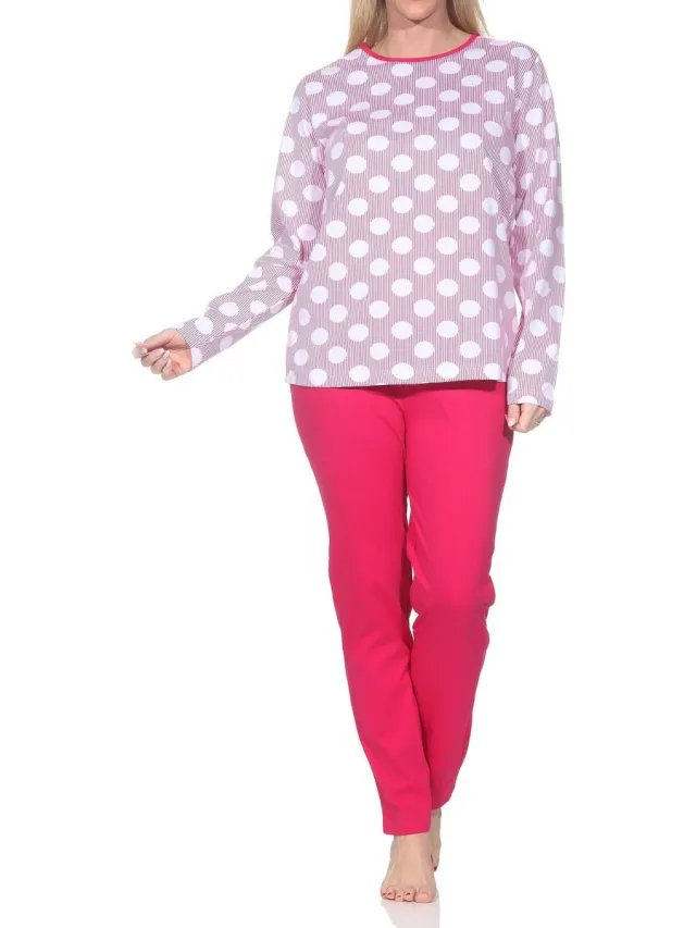 Normann damespyjama met lange mouwen in stippenlook - ook in grote maten pink