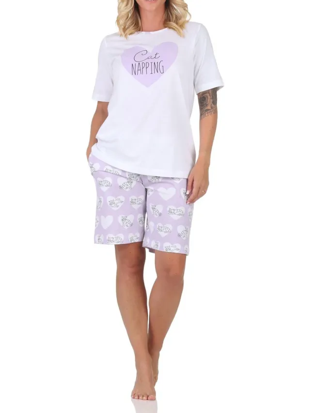 Normann dames pyjama shorty met korte mouwen pyjama met hart- en kattenmotief lila