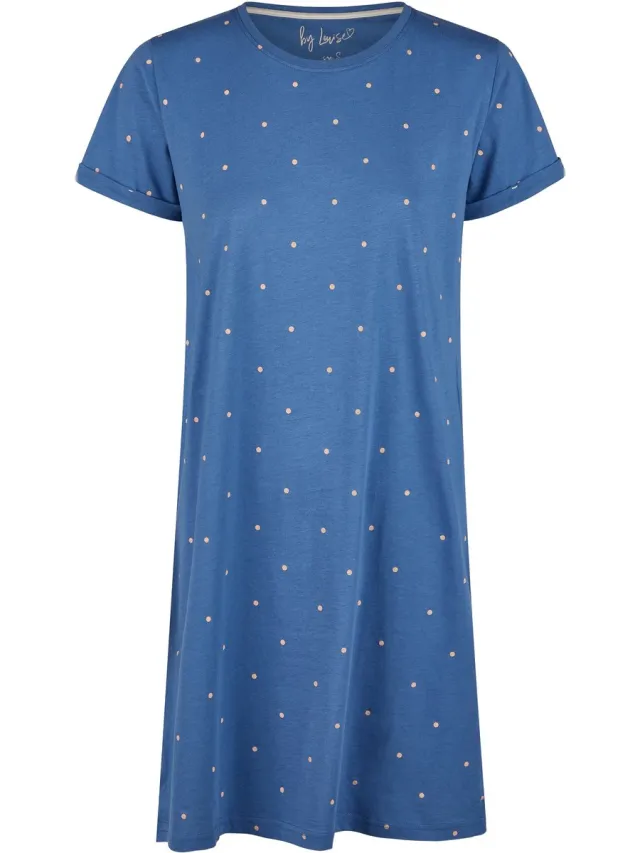 By Louise Dames Nachthemd Korte Mouw Blauw Gestipt Donkerblauw