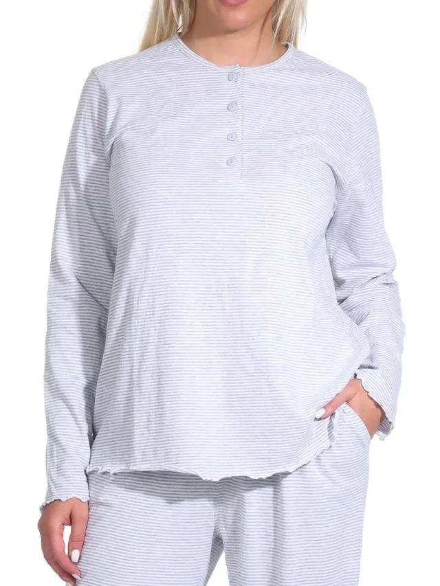 Normann Dames Pyjama Top Mix & Match met lange mouwen in gestreepte optiek grau-melange