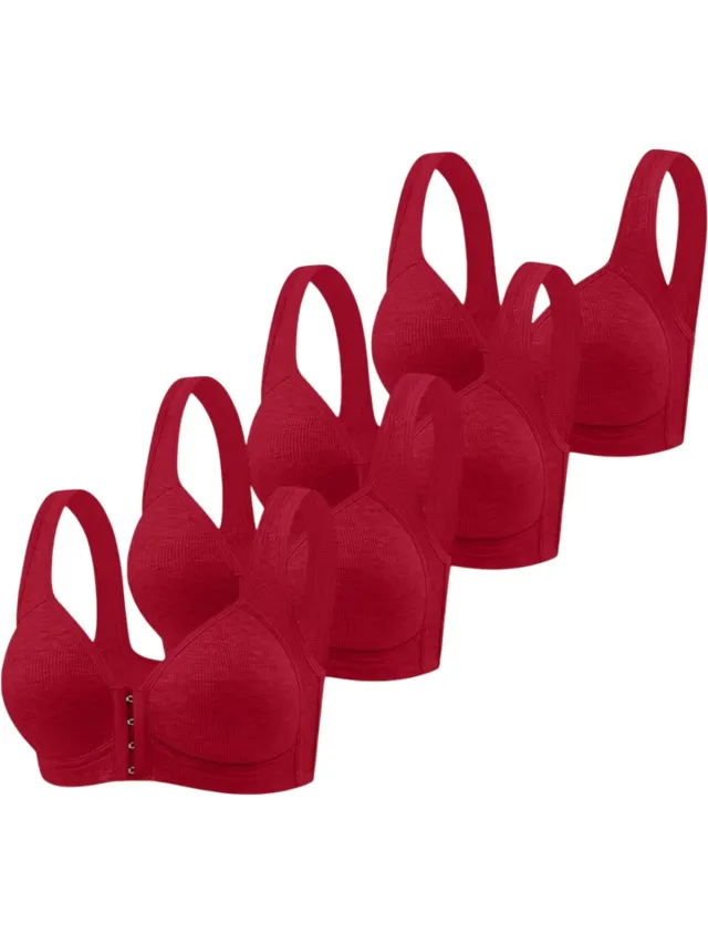 rimmo 4-Pack Dames Beha Zonder Beugel met Voorsluiting – Comfortabele BH met Volledige Dekking, Vaste Cups & Optimale Ondersteuning - Rood