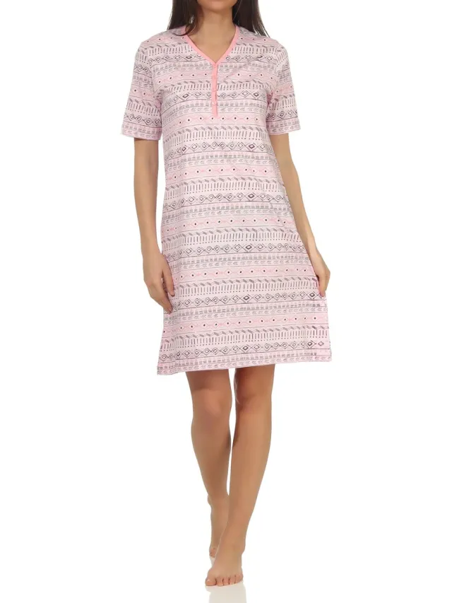 Normann Dames Nachthemd Nachtjapon met korte mouwen in Ethnolook - Ook in Oversizes rosa