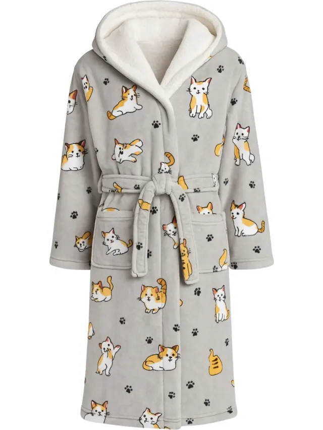 Badrock Dames badjas katten - fleece badjas met capuchon - ultra zacht en warm - cadeau - katten badjas voor dames grijs