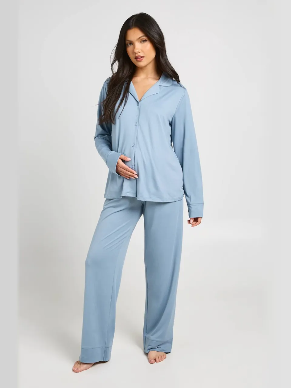 boohoo Dames Zwangerschaps Pyjama Set Met Zacht Aanvoelend Doorknoop Shirt En Broek lichtblauw, foto 3