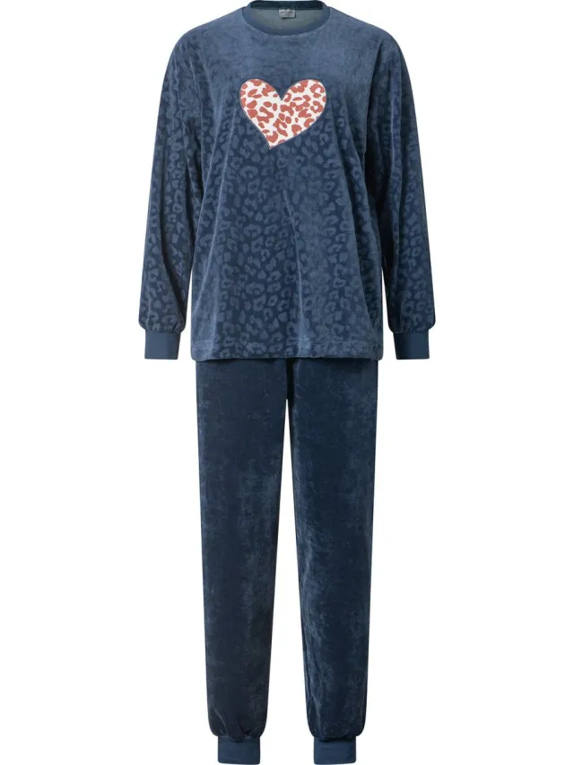 Lunatex warme dames pyjama velours 124209 - navy/bruin Navy-bruin