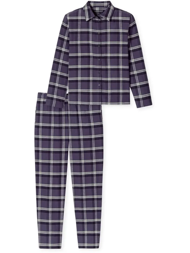 Schiesser flanel pyjama dames - lange mouw, doorknoop - 100% biologisch katoen - Select Premium - nachtkleding - 46 - Paars