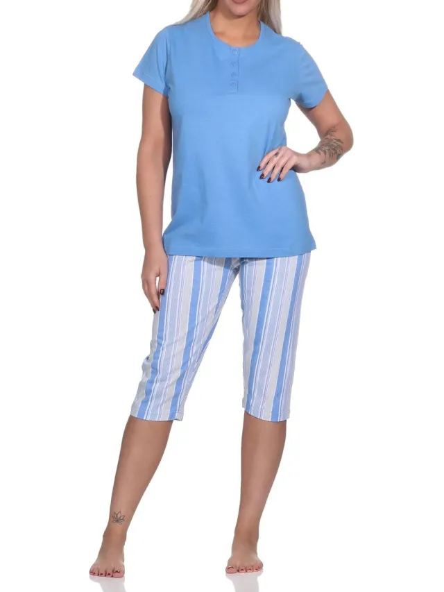 Normann Elegante damescapripyjama, pyjama met knoopsluiting en ¾ capribroek blau