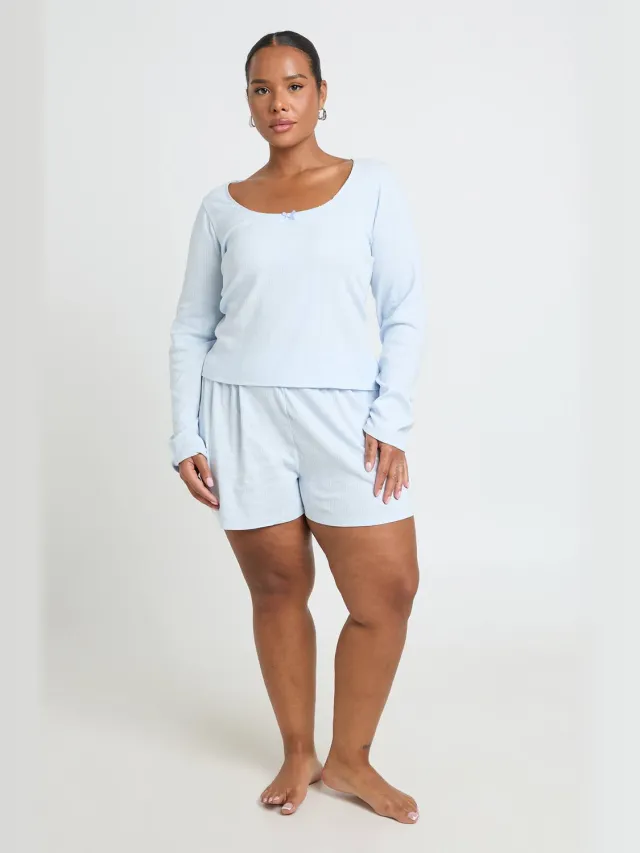 boohoo Dames Plus Pointelle Pyjama Top Met Ronde Hals En Lange Mouwen Babyblauw