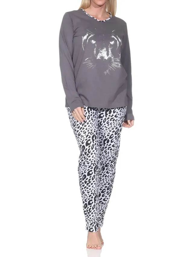 Normann dames pyjama lange mouw pyjama met dierenprintmotief – ook in grote maten grau