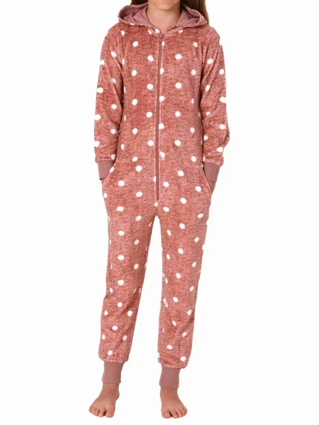 Normann Behaaglijke Meisjespyjama Jumpsuit Overall in koraalrode fleece met stippenlook