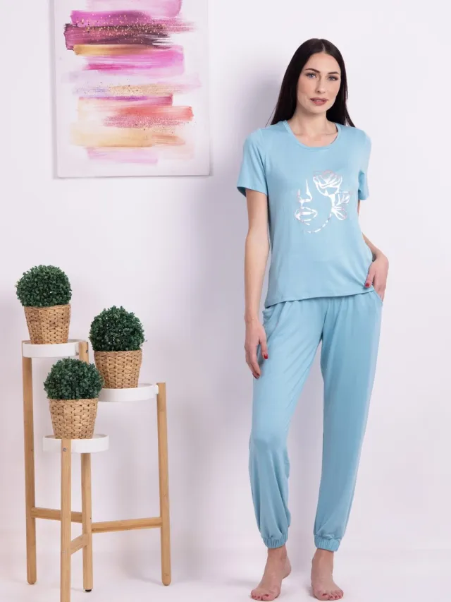 Vanilla FlowerFace dames pyjama - Pyjamasets - Tweedelig - Viscose - Lichtblauw - 1520