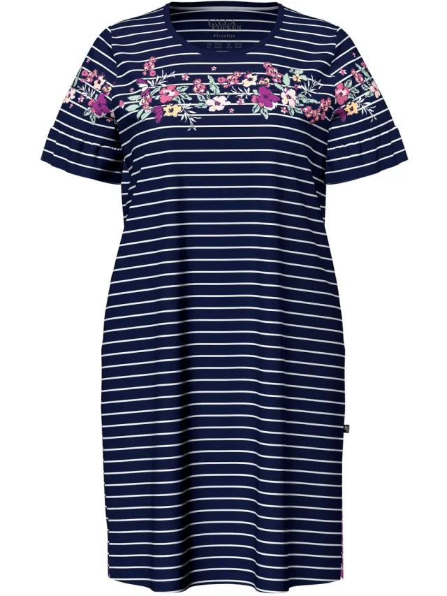 Ulla Popken Dames - Bigshirt bloemenstrepen ronde hals korte mouwen met volant - Nachtblauw - Maat 42+