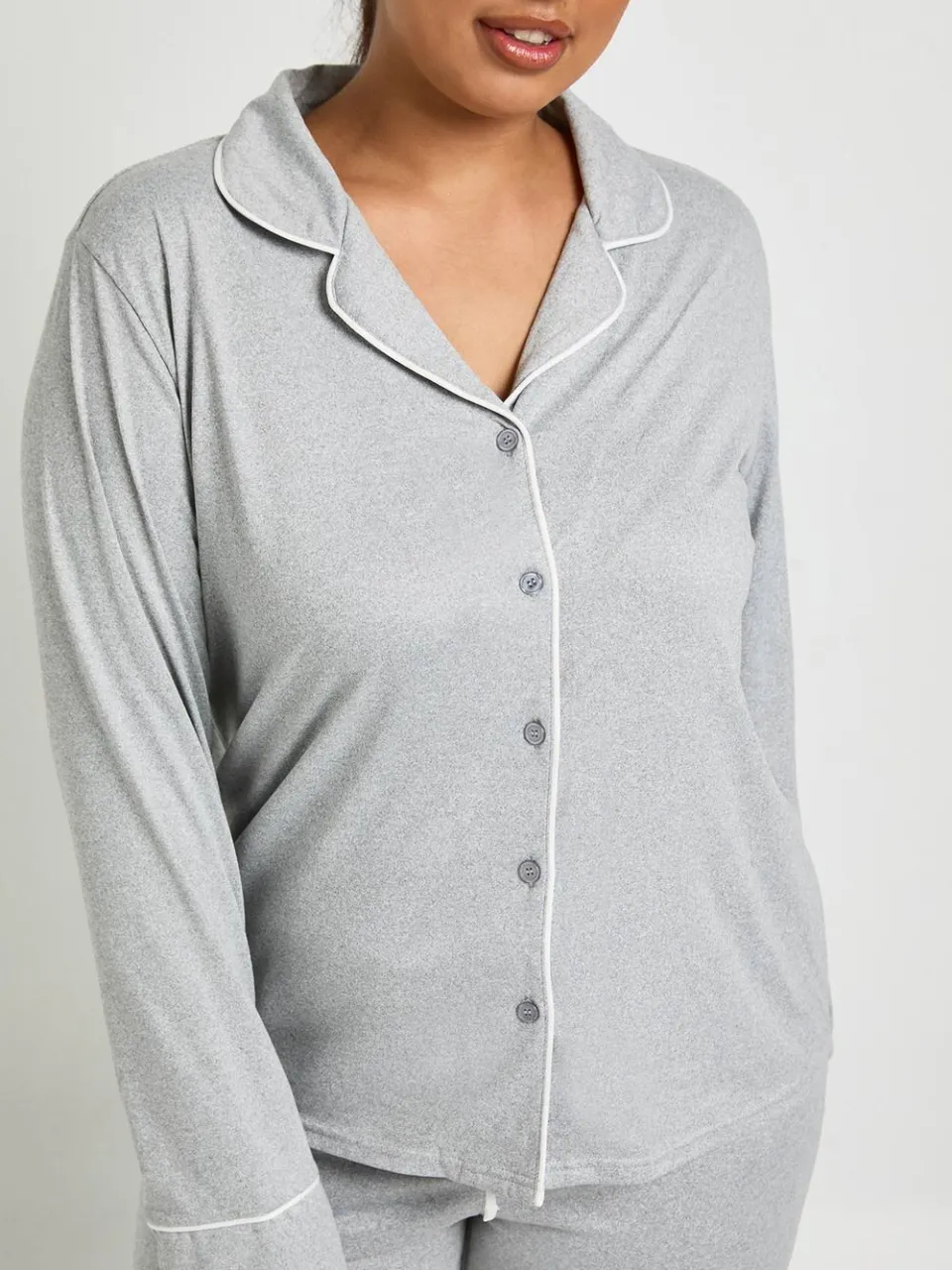 boohoo Dames Plus pijpdetail langarm overhemd & broek pyjamaset grijze mergel, foto 4