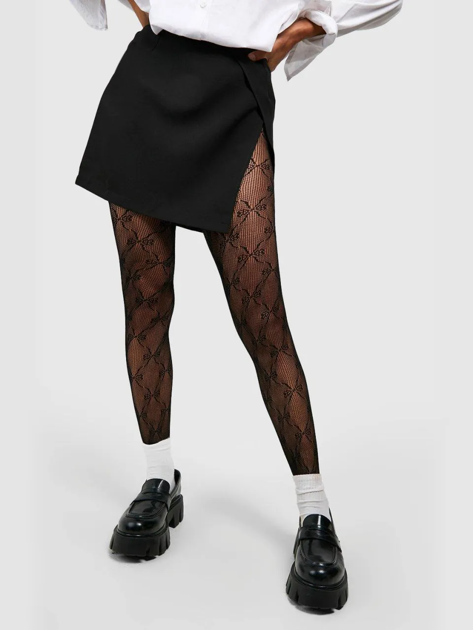 boohoo Dames Bow Printed Fishnet Tights Zwart