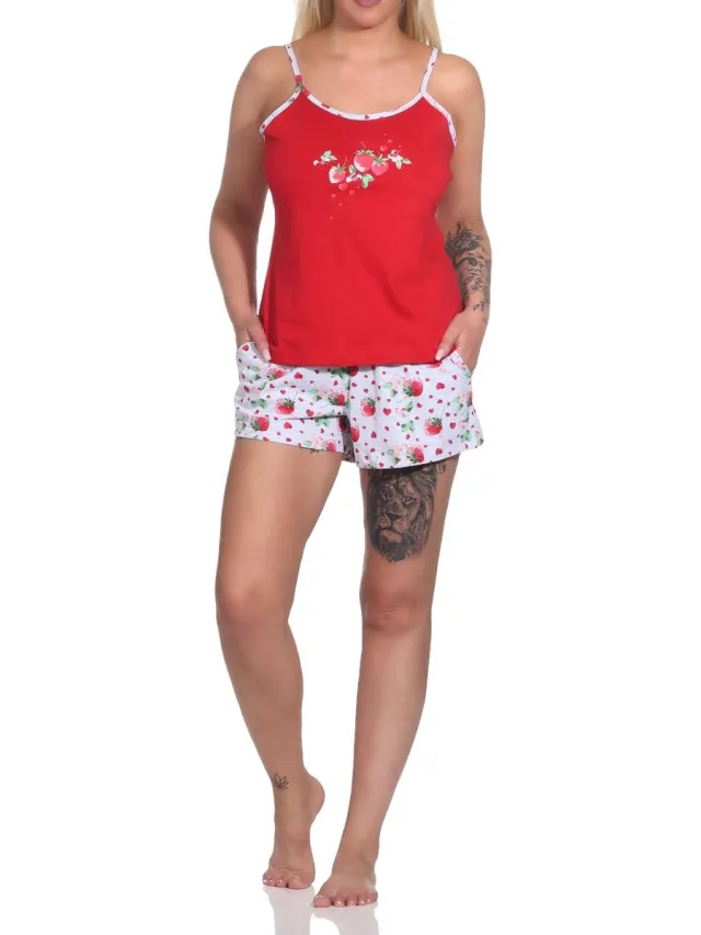Normann Schattige dames mouwloze pyjamabroek met spaghettibandjes en aardbeienmotief rot