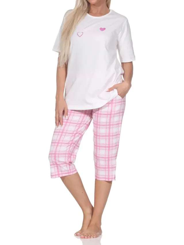 Normann damespyjama met geruite jersey capri pyjamabroek - ook in grote maten creme