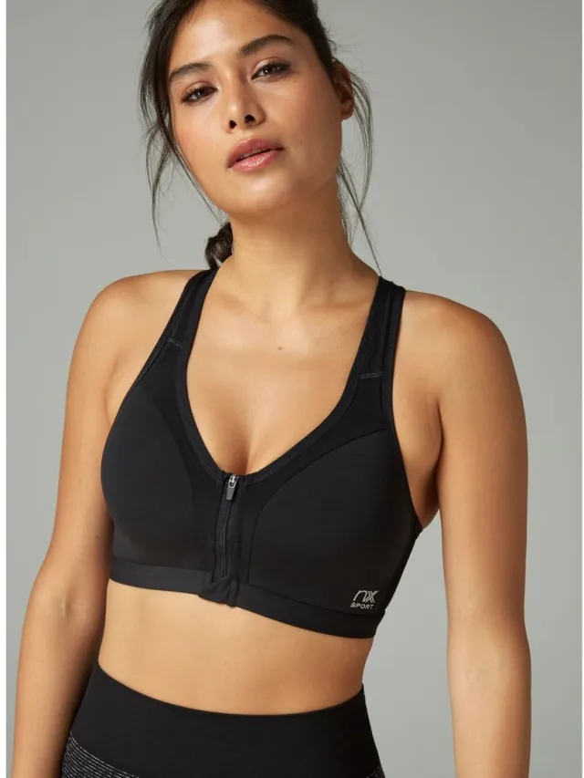 Next Dames - Active high-impact Dry Tech B-GG sportbeha met rits aan de voorkant - Zwart Black